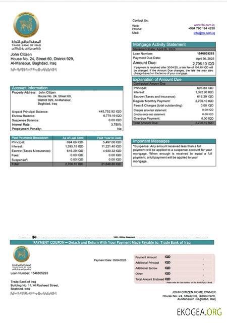 Modèle Word et PDF de relevé hypothécaire de l'Iraq Trade Bank of Iraq